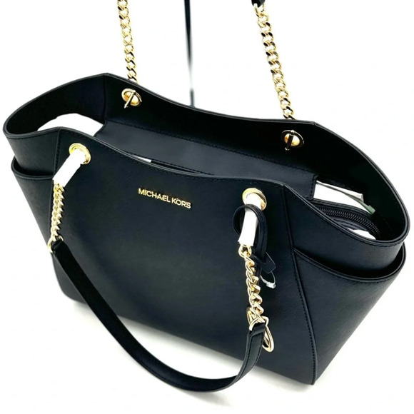 Michael Kors Jet Set Travel Large Chain Shoulder Tote Bag Black/Gold - Picture 9 of 12